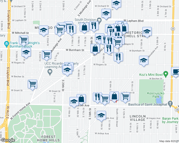 map of restaurants, bars, coffee shops, grocery stores, and more near 2041 South 16th Street in Milwaukee