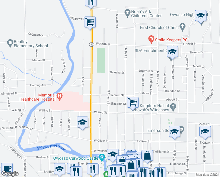 map of restaurants, bars, coffee shops, grocery stores, and more near 914 North Adams Street in Owosso