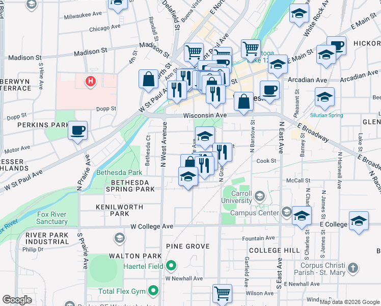 map of restaurants, bars, coffee shops, grocery stores, and more near 504 Maple Avenue in Waukesha