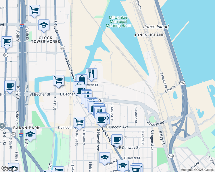 map of restaurants, bars, coffee shops, grocery stores, and more near 427 East Stewart Street in Milwaukee
