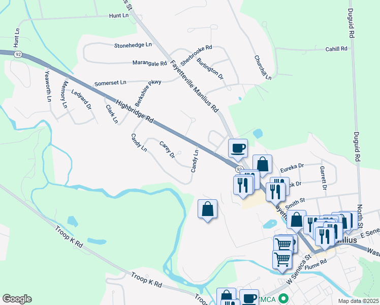 map of restaurants, bars, coffee shops, grocery stores, and more near 7586 Highbridge Road in Manlius
