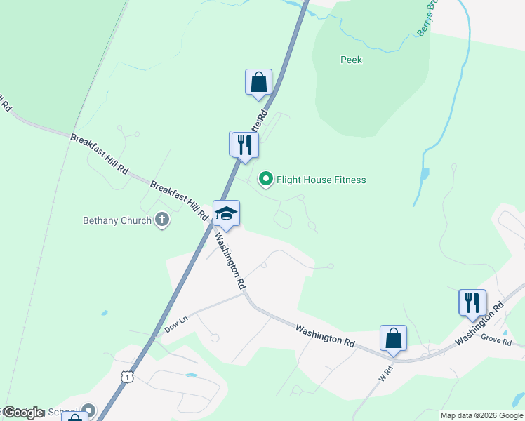 map of restaurants, bars, coffee shops, grocery stores, and more near Airfield Road in Rye