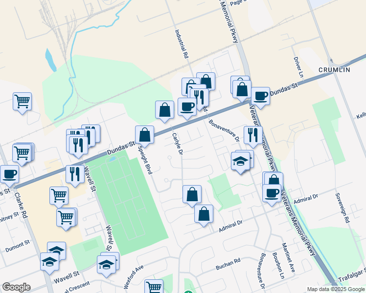 map of restaurants, bars, coffee shops, grocery stores, and more near 210 Carlyle Drive in London