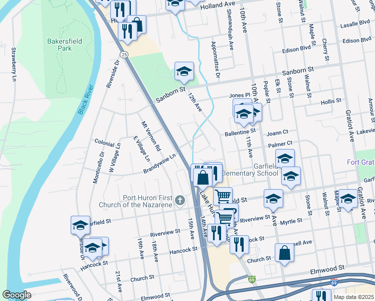 map of restaurants, bars, coffee shops, grocery stores, and more near 3031 West Woodland Drive in Port Huron