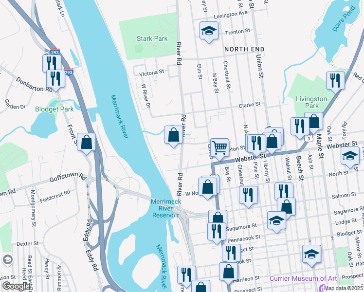 map of restaurants, bars, coffee shops, grocery stores, and more near 282 River Road in Manchester
