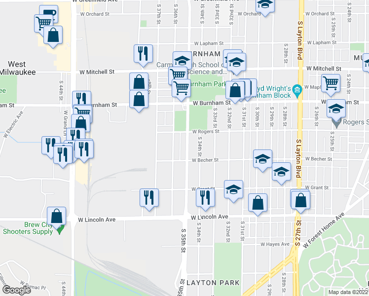 map of restaurants, bars, coffee shops, grocery stores, and more near 2045 South 35th Street in Milwaukee