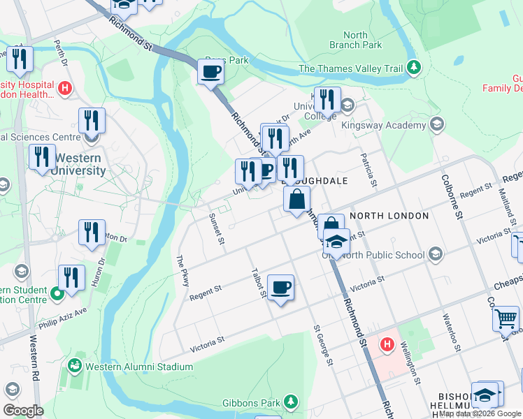 map of restaurants, bars, coffee shops, grocery stores, and more near 174 Broughdale Avenue in London