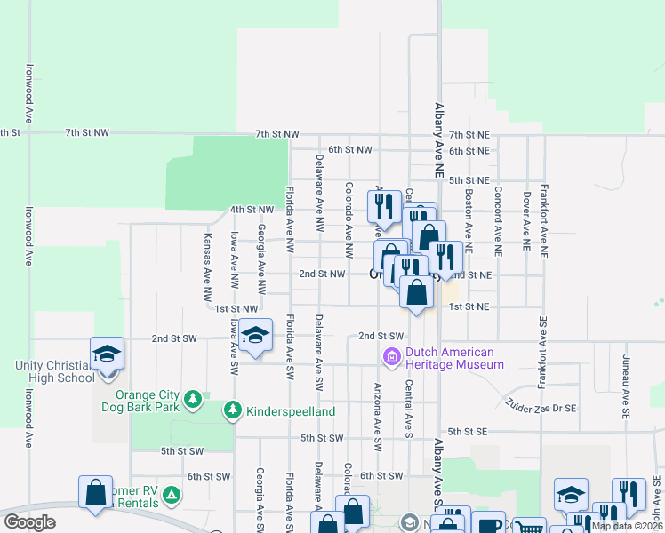map of restaurants, bars, coffee shops, grocery stores, and more near 200-298 Colorado Northwest in Orange City
