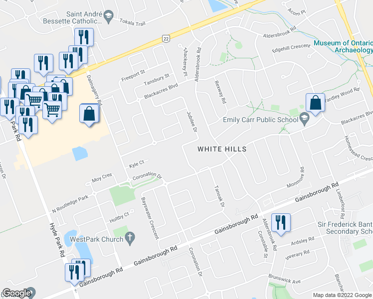 map of restaurants, bars, coffee shops, grocery stores, and more near 1686 Jubilee Drive in London