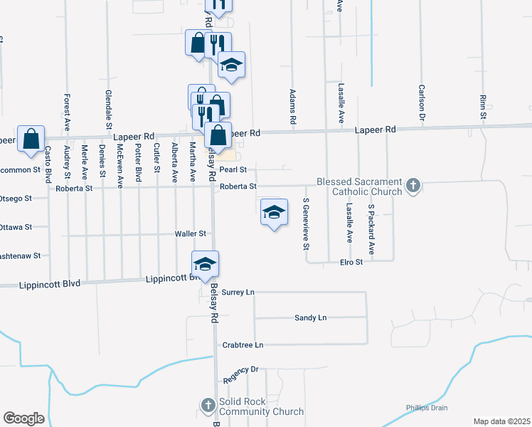 map of restaurants, bars, coffee shops, grocery stores, and more near 6080 Roberta Street in Burton