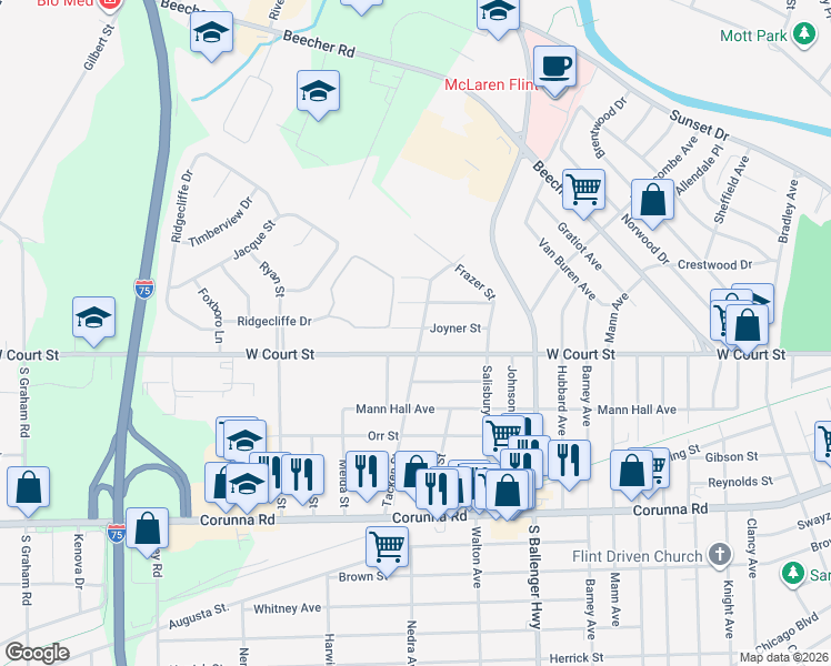 map of restaurants, bars, coffee shops, grocery stores, and more near 863 Tacken Street in Flint