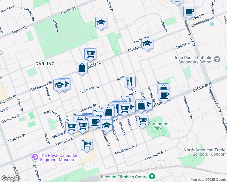 map of restaurants, bars, coffee shops, grocery stores, and more near Stuart Street in London