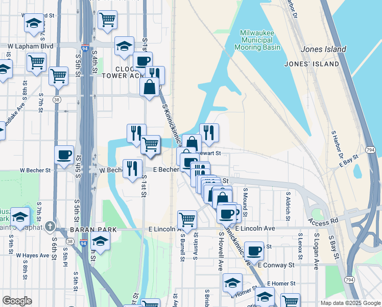 map of restaurants, bars, coffee shops, grocery stores, and more near 2006 South Kinnickinnic Avenue in Milwaukee