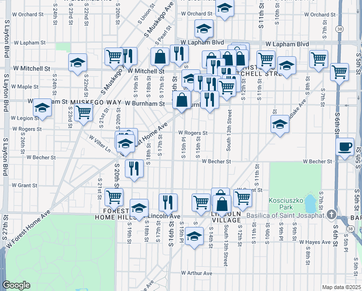 map of restaurants, bars, coffee shops, grocery stores, and more near 2012 South 16th Street in Milwaukee
