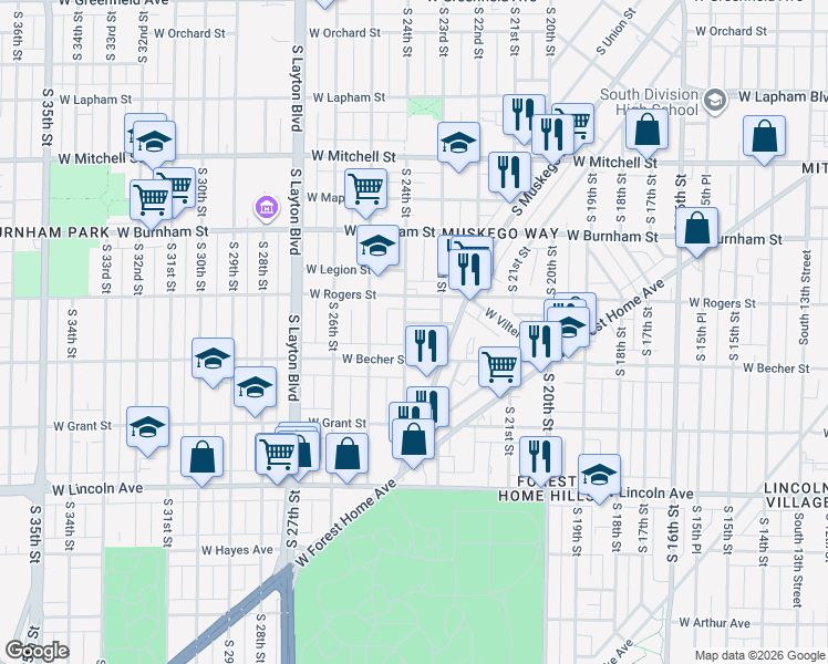 map of restaurants, bars, coffee shops, grocery stores, and more near 2016 South 24th Street in Milwaukee