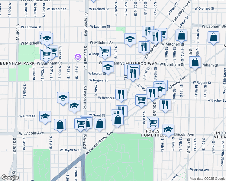 map of restaurants, bars, coffee shops, grocery stores, and more near 2016 South 24th Street in Milwaukee