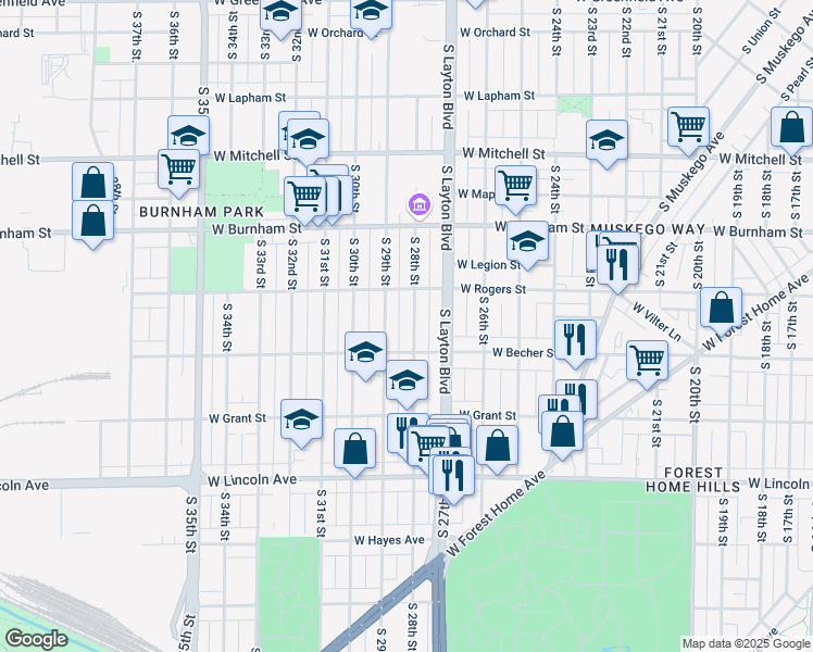 map of restaurants, bars, coffee shops, grocery stores, and more near 2023 South 28th Street in Milwaukee