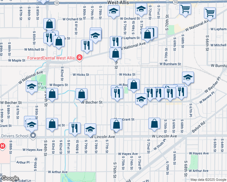 map of restaurants, bars, coffee shops, grocery stores, and more near 7627 West Rogers Street in West Allis