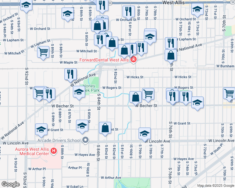 map of restaurants, bars, coffee shops, grocery stores, and more near 2003 South 81st Street in West Allis