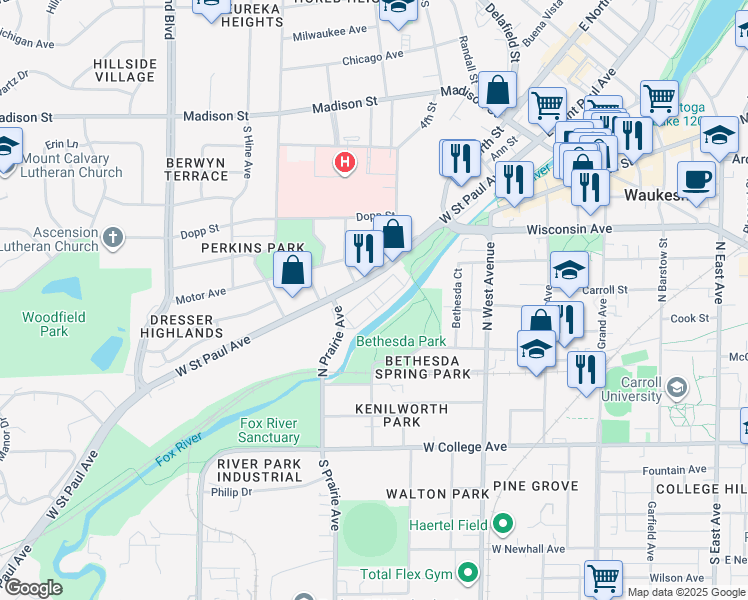 map of restaurants, bars, coffee shops, grocery stores, and more near 744 West Saint Paul Avenue in Waukesha