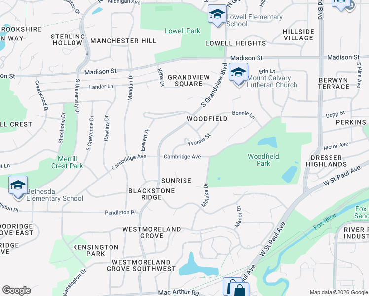 map of restaurants, bars, coffee shops, grocery stores, and more near 2210 Yvonne Street in Waukesha