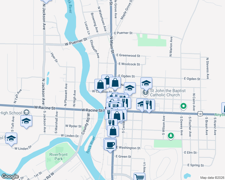 map of restaurants, bars, coffee shops, grocery stores, and more near 225 North Main Street in Jefferson