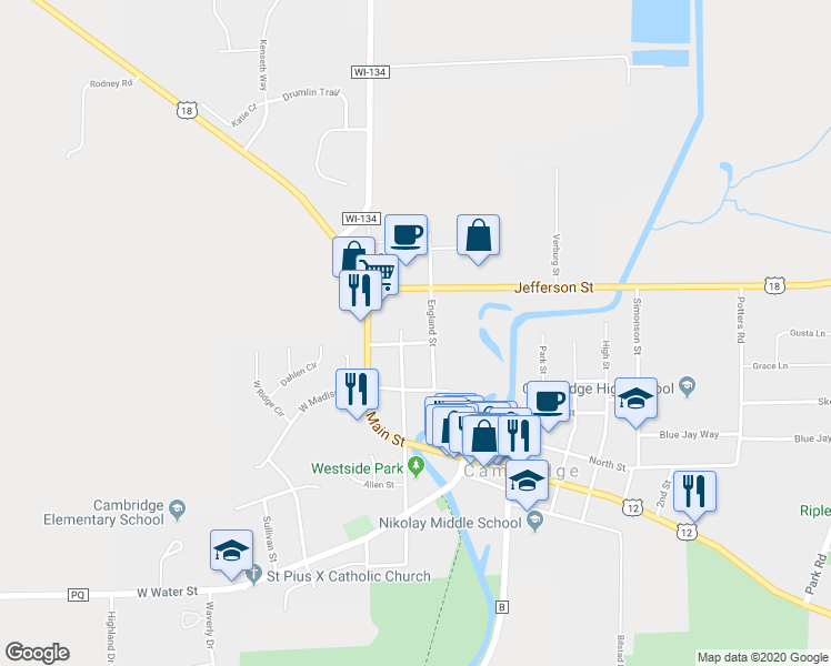 map of restaurants, bars, coffee shops, grocery stores, and more near 404 England Street in Cambridge
