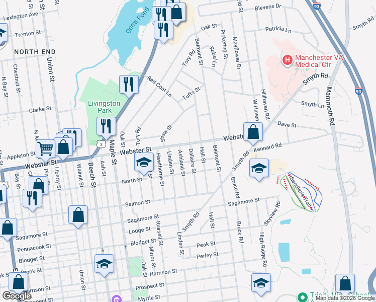 map of restaurants, bars, coffee shops, grocery stores, and more near 332 Webster Street in Manchester