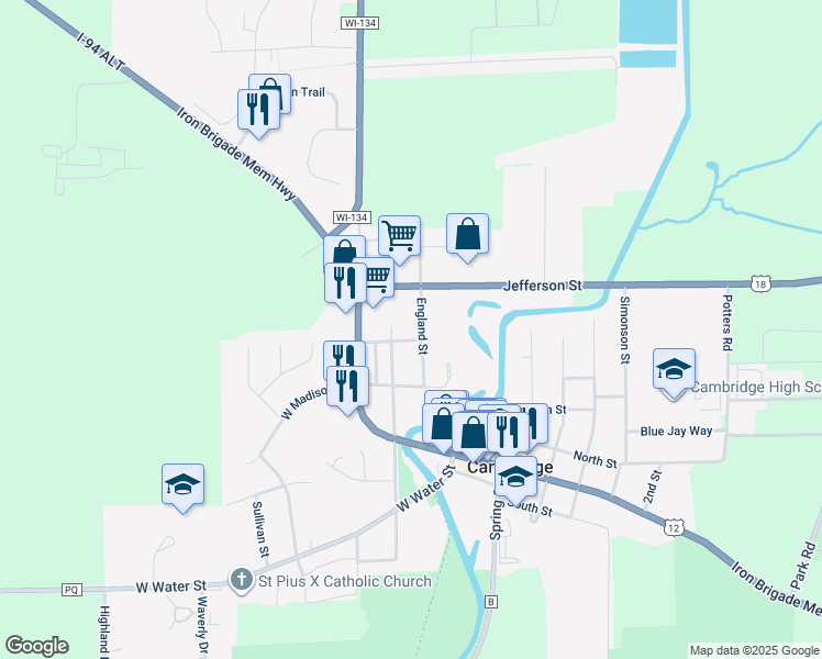 map of restaurants, bars, coffee shops, grocery stores, and more near 401 England Street in Cambridge