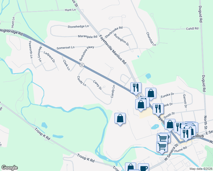 map of restaurants, bars, coffee shops, grocery stores, and more near 7586 Highbridge Road in Manlius