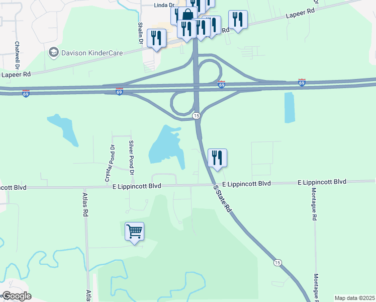 map of restaurants, bars, coffee shops, grocery stores, and more near 1428 South State Road in Davison