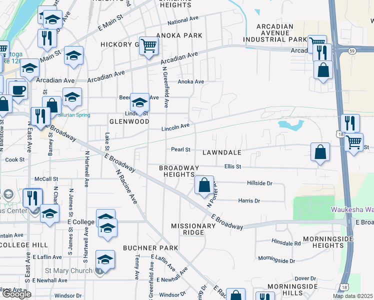 map of restaurants, bars, coffee shops, grocery stores, and more near 1111 Pearl Street in Waukesha