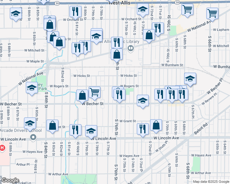 map of restaurants, bars, coffee shops, grocery stores, and more near 2025 South 76th Street in West Allis