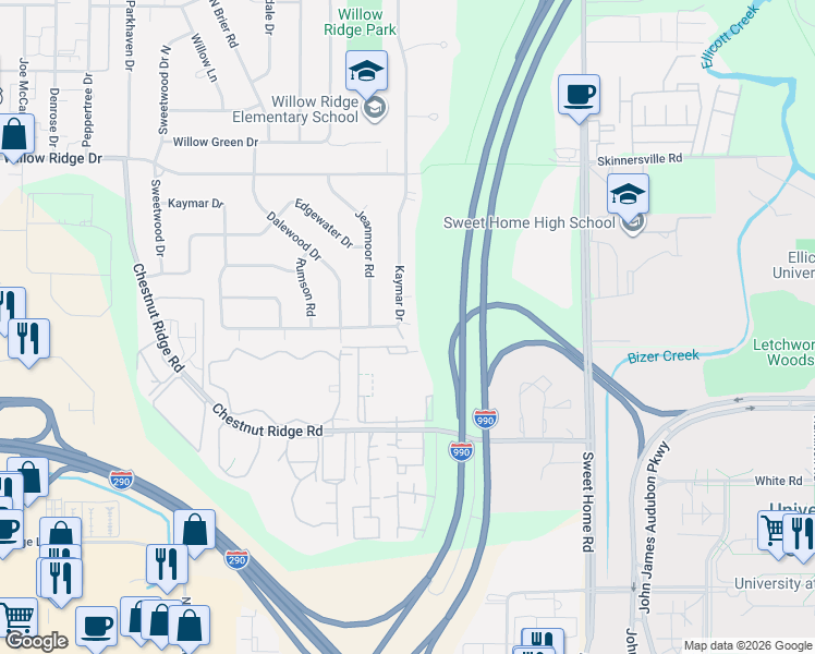 map of restaurants, bars, coffee shops, grocery stores, and more near 353 Kaymar Drive in Buffalo