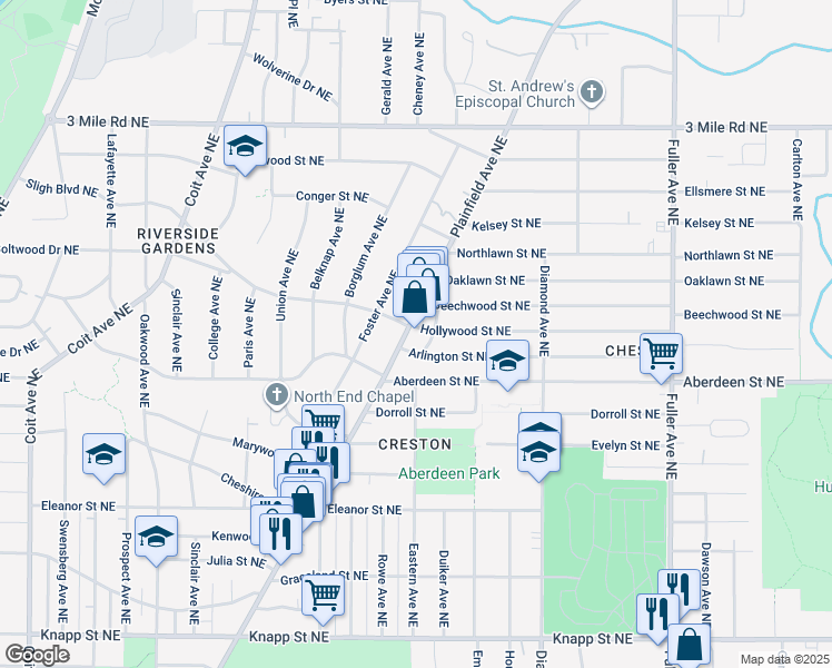 map of restaurants, bars, coffee shops, grocery stores, and more near 2444 Plainfield Avenue Northeast in Grand Rapids