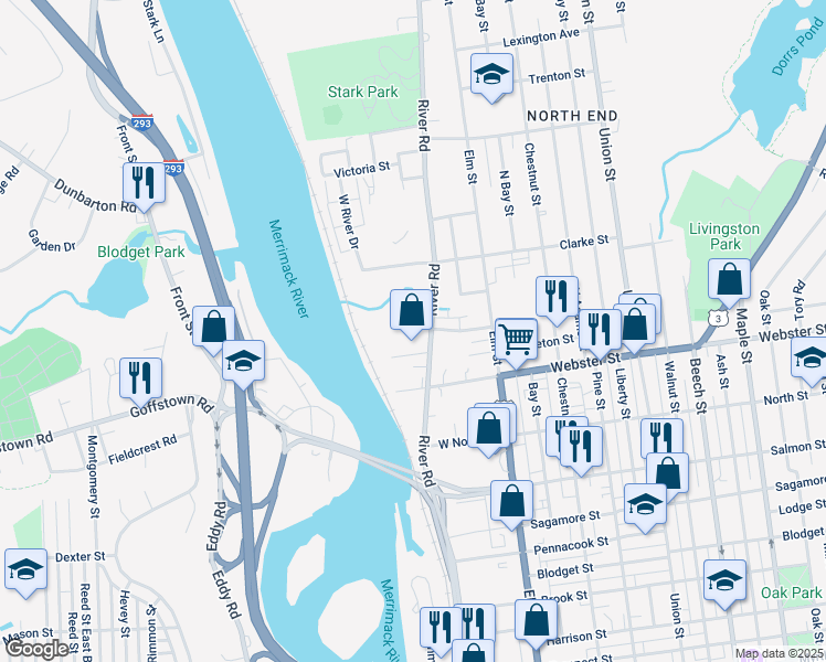 map of restaurants, bars, coffee shops, grocery stores, and more near 282 River Road in Manchester