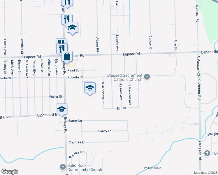 map of restaurants, bars, coffee shops, grocery stores, and more near 1409 South Genevieve Street in Burton