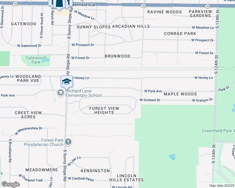 map of restaurants, bars, coffee shops, grocery stores, and more near 13505 West Park Avenue in New Berlin
