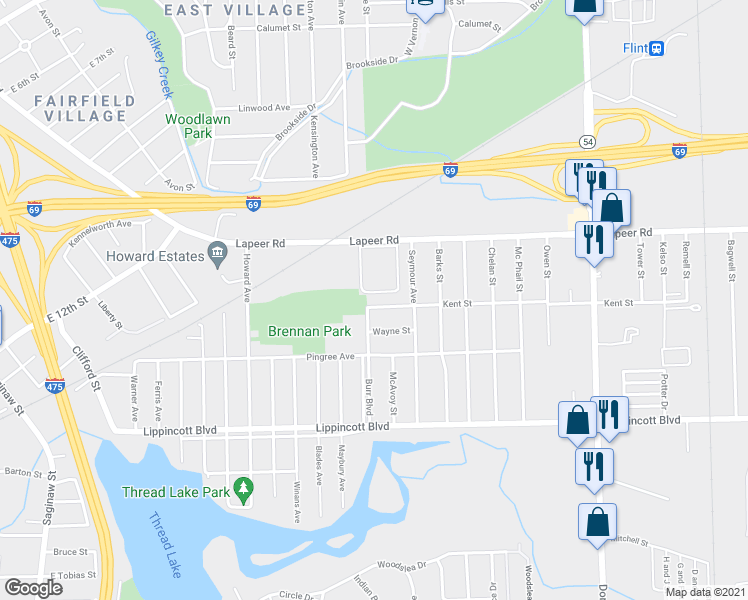 map of restaurants, bars, coffee shops, grocery stores, and more near 1513 Kent Street in Flint