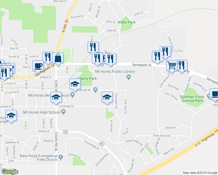 map of restaurants, bars, coffee shops, grocery stores, and more near 1304 East Lincoln Street in Mount Horeb