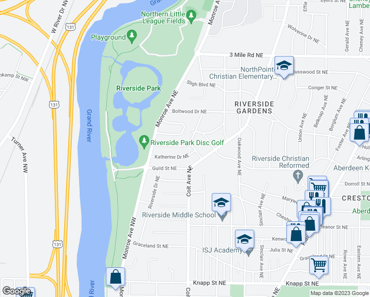 map of restaurants, bars, coffee shops, grocery stores, and more near 158 Pershing Drive Northeast in Grand Rapids