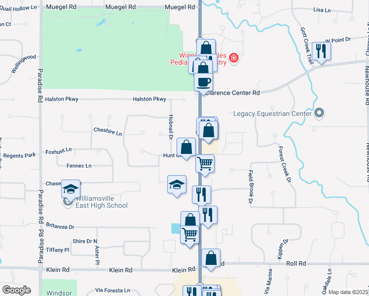 map of restaurants, bars, coffee shops, grocery stores, and more near 35 Hobnail Drive in East Amherst