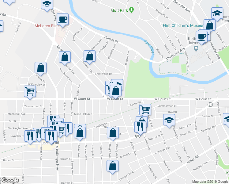 map of restaurants, bars, coffee shops, grocery stores, and more near 2722 Mansfield Avenue in Flint