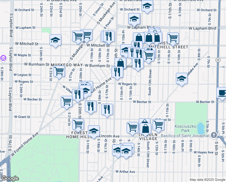 map of restaurants, bars, coffee shops, grocery stores, and more near 2012 South 16th Street in Milwaukee
