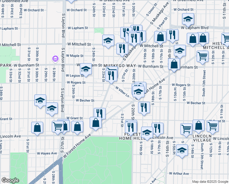 map of restaurants, bars, coffee shops, grocery stores, and more near 2129 West Vilter Lane in Milwaukee