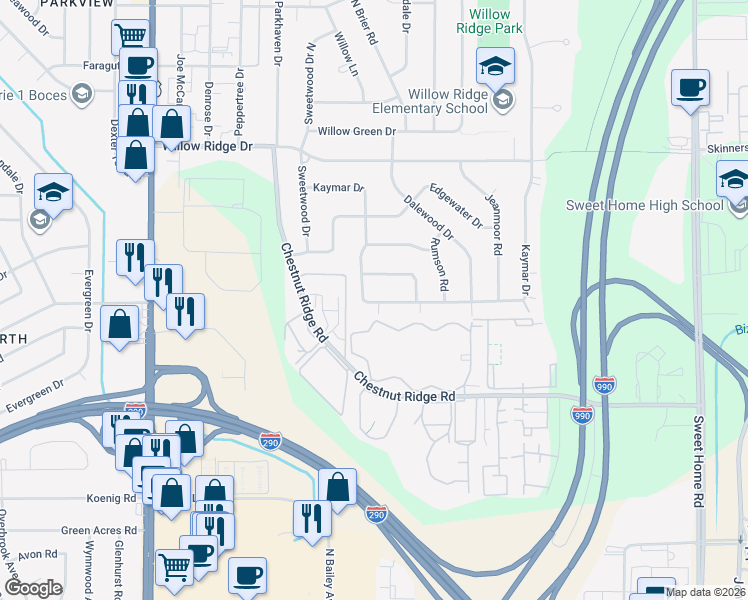 map of restaurants, bars, coffee shops, grocery stores, and more near 3 Beaumont Drive in Buffalo
