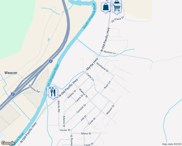 map of restaurants, bars, coffee shops, grocery stores, and more near 1152 North Old Pacific Highway in Myrtle Creek