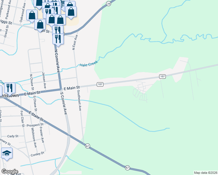 map of restaurants, bars, coffee shops, grocery stores, and more near 134 County Highway 107 in Johnstown