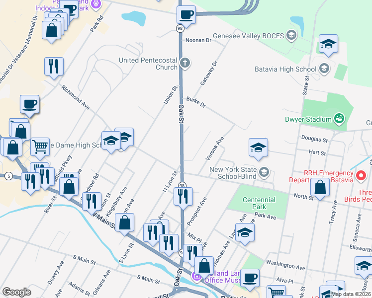 map of restaurants, bars, coffee shops, grocery stores, and more near 123 Oak Street in Batavia