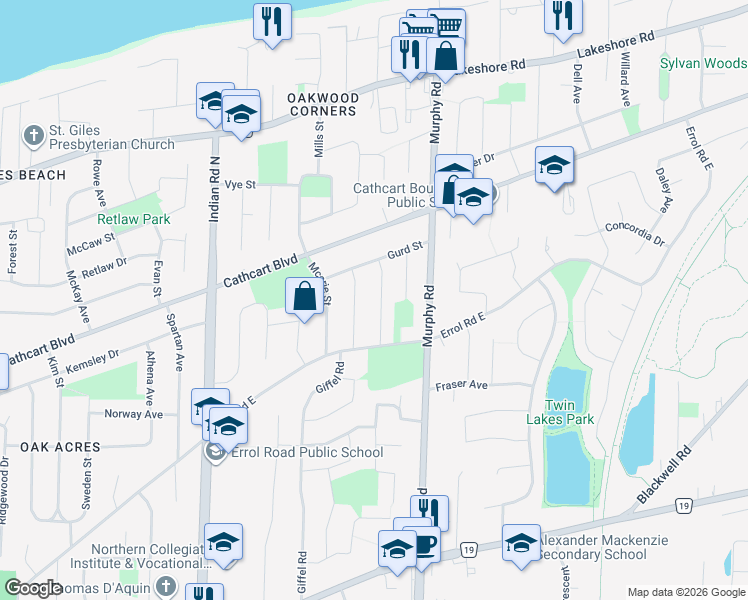 map of restaurants, bars, coffee shops, grocery stores, and more near 1483 Hunt Street in Sarnia